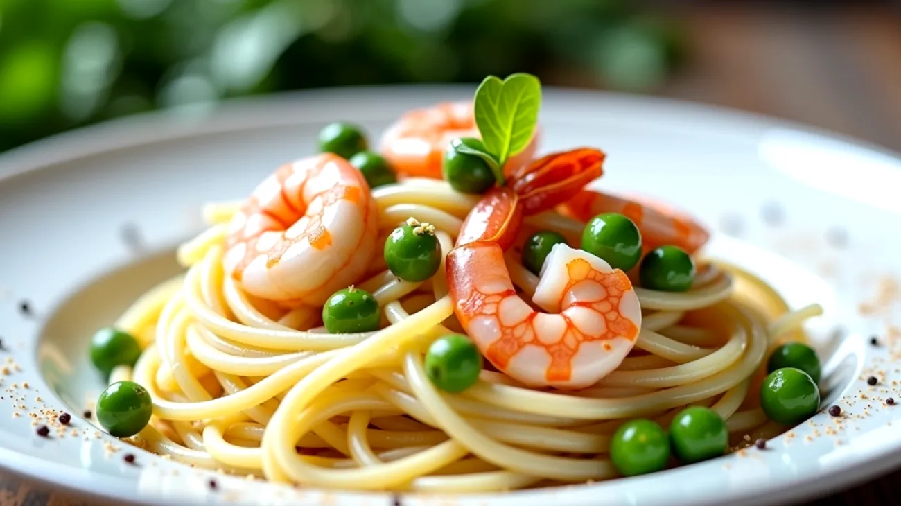 Spaghetti gamberi piselli freschi"